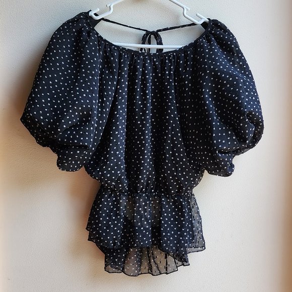 Nasty Gal Black/White Polka Dot Balloon Sleeve Open Back Blouse Size 2 - Picture 4 of 16